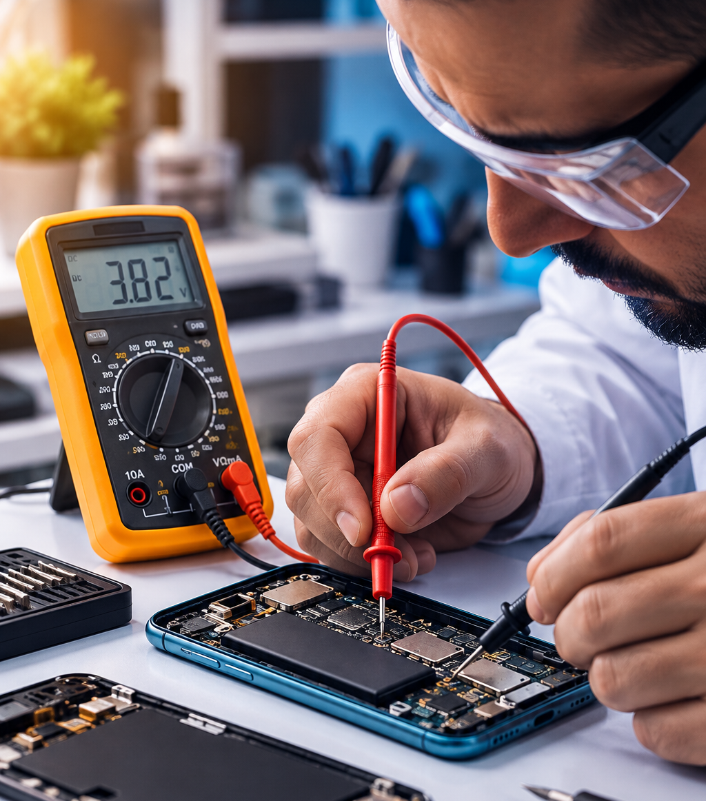 Assistência técnica de celular em Curitiba: técnico realizando manutenção em celular