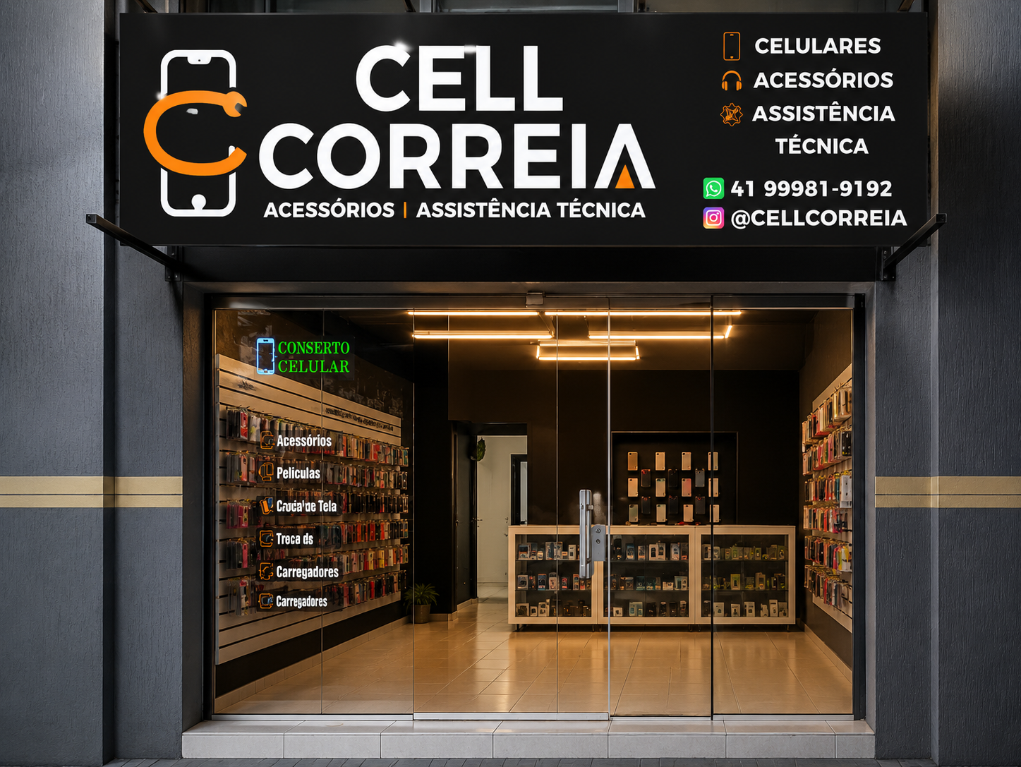 Fachada da Cell Correia com assistência técnica de celulares e acessórios