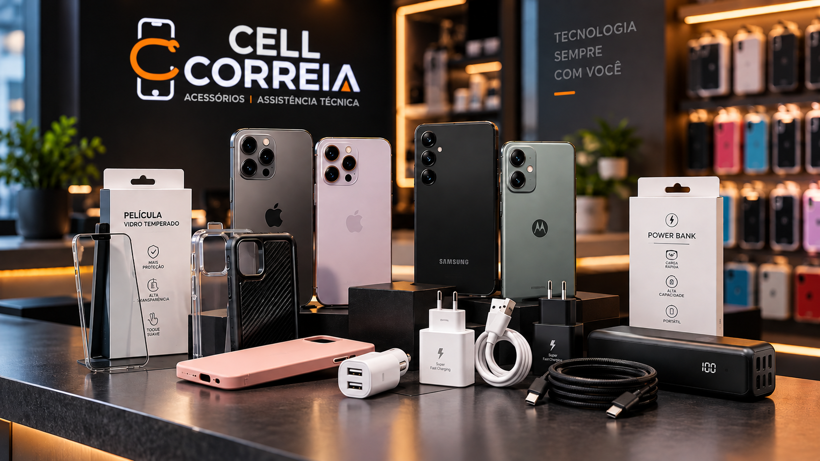 Celulares, capinhas, carregadores e acessórios para smartphones